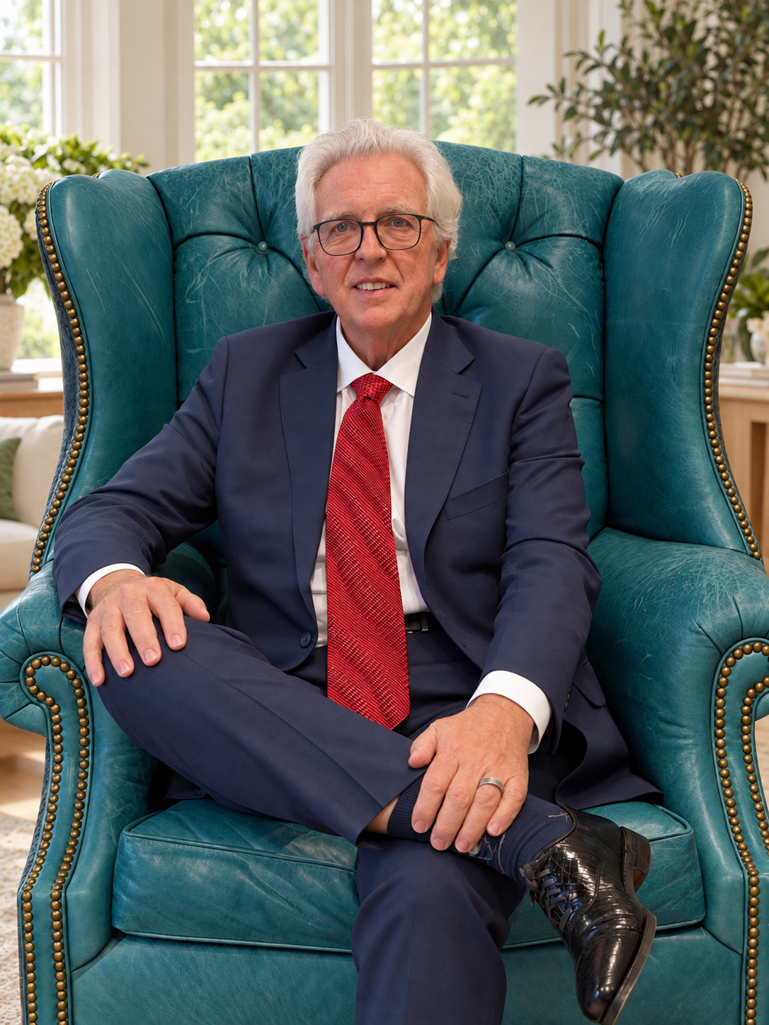 Dr. Peter M. Shedden seated in a teal leather armchair